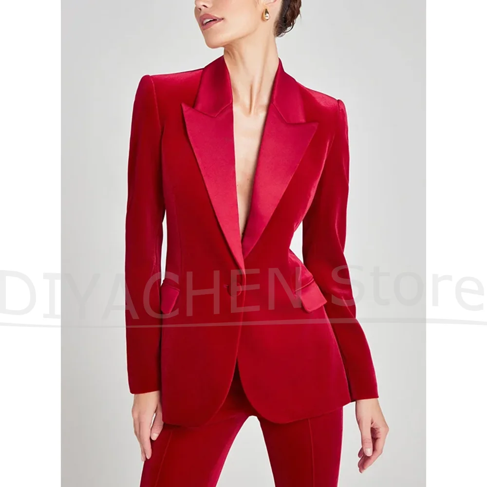 

Women's Red Velvet Suit Set One Button Blazer with Flared Pants Two Piece Party Evening Wear Luxurious Elegant Slim Suits