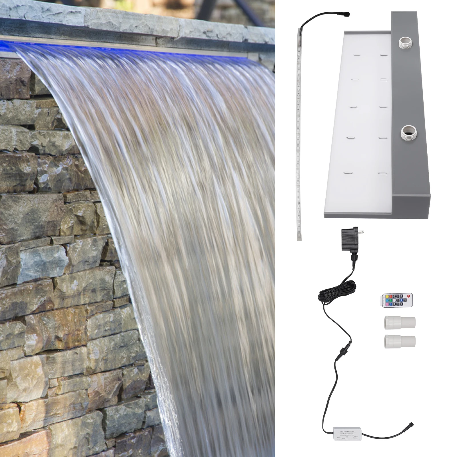 Fuentes para Estanques, Fuente de Cascada de 24 Pulgadas, Fuente de Plástico con Luces LED de Colores, Control Remoto para Jardín, Patio y Exteriores