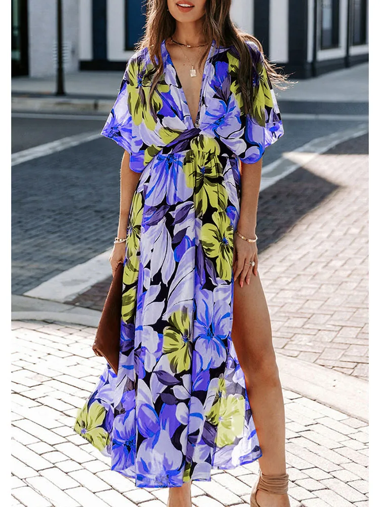 

Boho Floral Summer Dress Women's Fashion Sexy Deep V Neck Batwing Sleeve Split Maxi Party Dress For Women Casual Vacation Beach