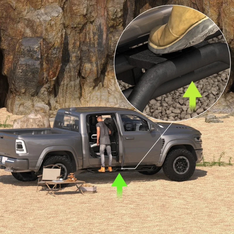 

Подножки-пороги (нерф-бары) для Dodge Ram 1500 (09-18), 2500/3500 (10-24) Crew Cab, из углеродистой стали, черные, грузоподъемность 700 фунтов