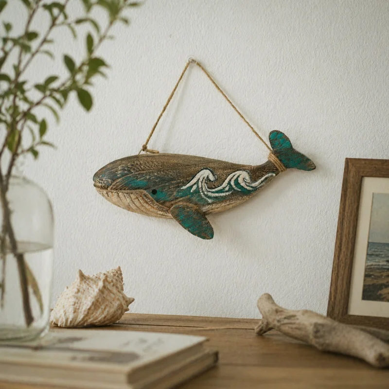 Wooden Whale Hanging Ornament Ocean Style Fish String Creative Wall Hanging Decor For Home Curtain Living Room TV Background