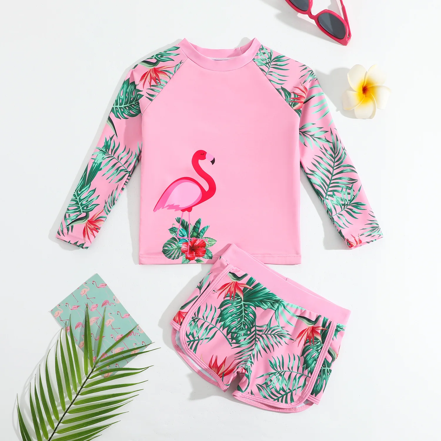 Summer Children's Two-piece Swimsuit Girls Long Sleeve Cartoon Flamingo Sunscreen Quick-Dry Beachwear Baby Vacation Swimwear