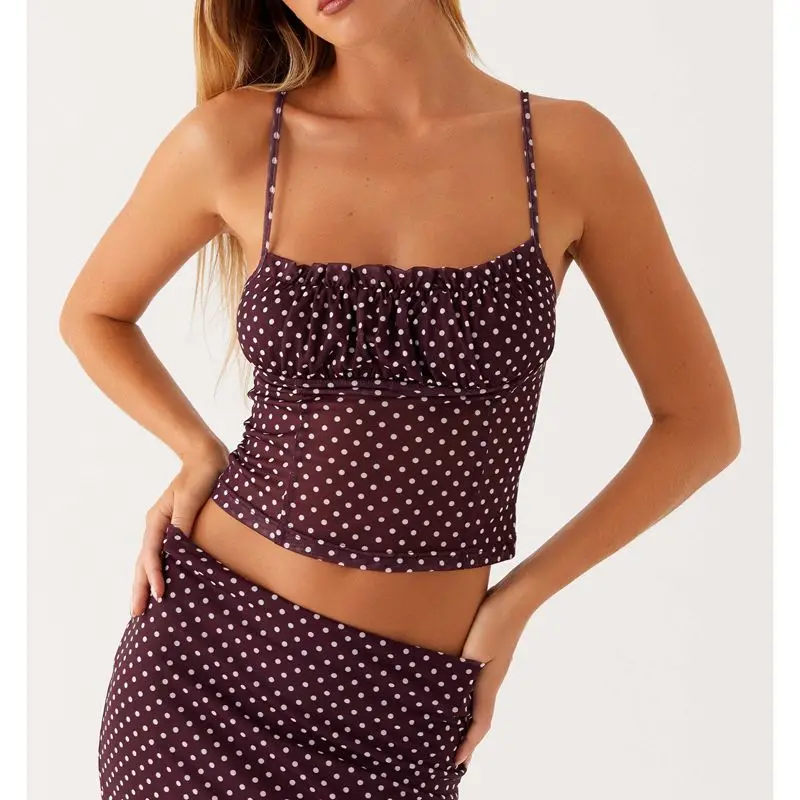 

Combhasaki Women Summer Vintage 2Piece Polka Dot Sheer Mesh Outfits Set Sleeveless Backless Camisole+Irregular Ruffle Hem Skirts