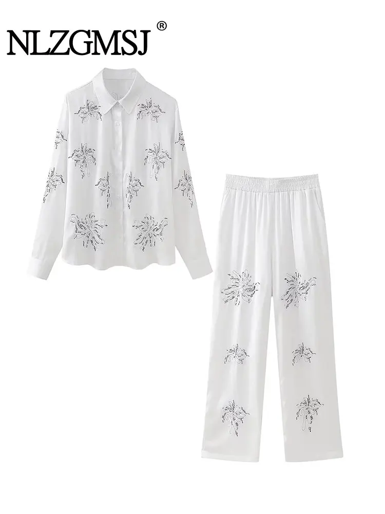 TRAF 2024 Spring Fashion Woman Beaded Embroidered Shirt Tops + Beaded Embroidered Straight Leg Pants Causal 2 Pieces Sets