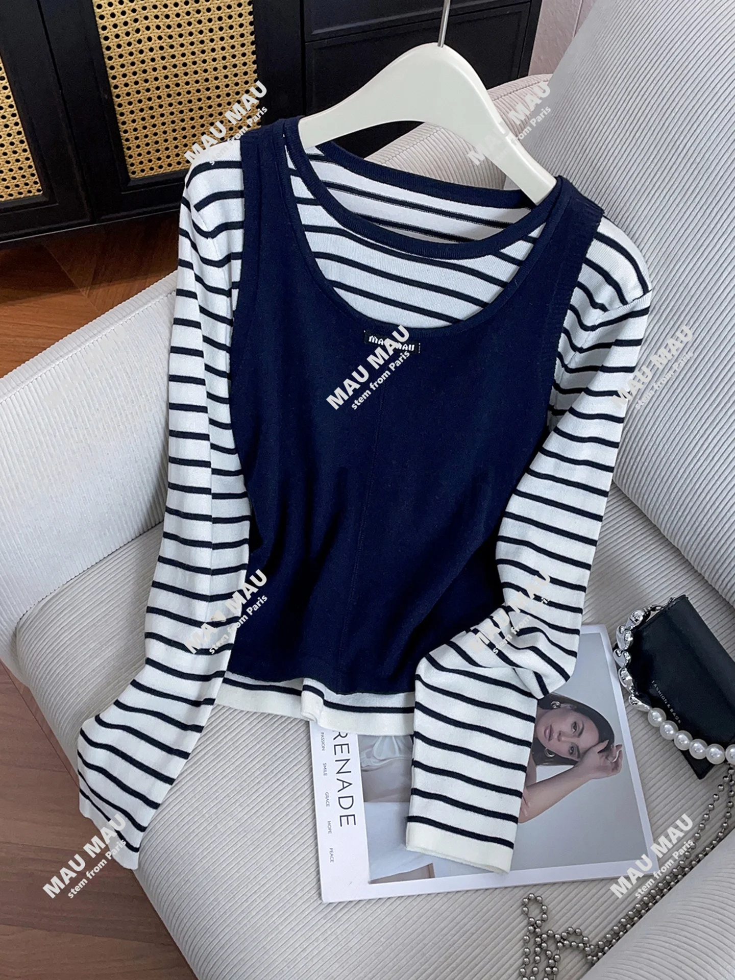 

High-End Women's Casual Stripe Knitwear T-irt Top + Strap Two-Piece Set Versatile Commute Sle Long Sve round Ne