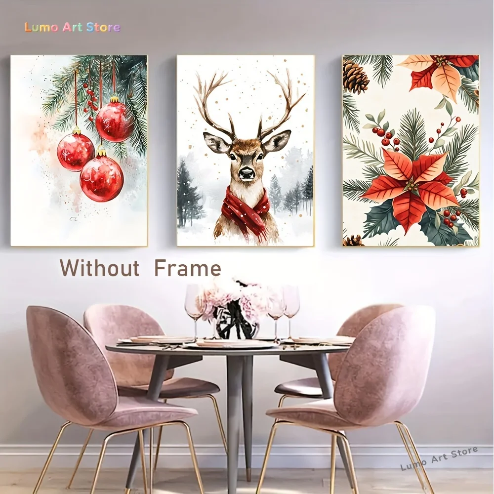 2D Flat, 2D Flat, Set of 3 Frameless Canvas Prints Featuring Watercolor Red Christmas Decorations And Deer, Perfect for Gifti