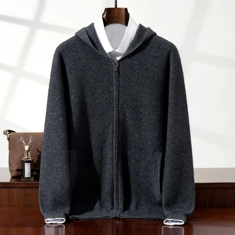 100% Cashmere Men's Hooded Cardigan Autumn Winter Thickened Zipper Knit Sweater Solid Color Sweater with Pocket Jacket