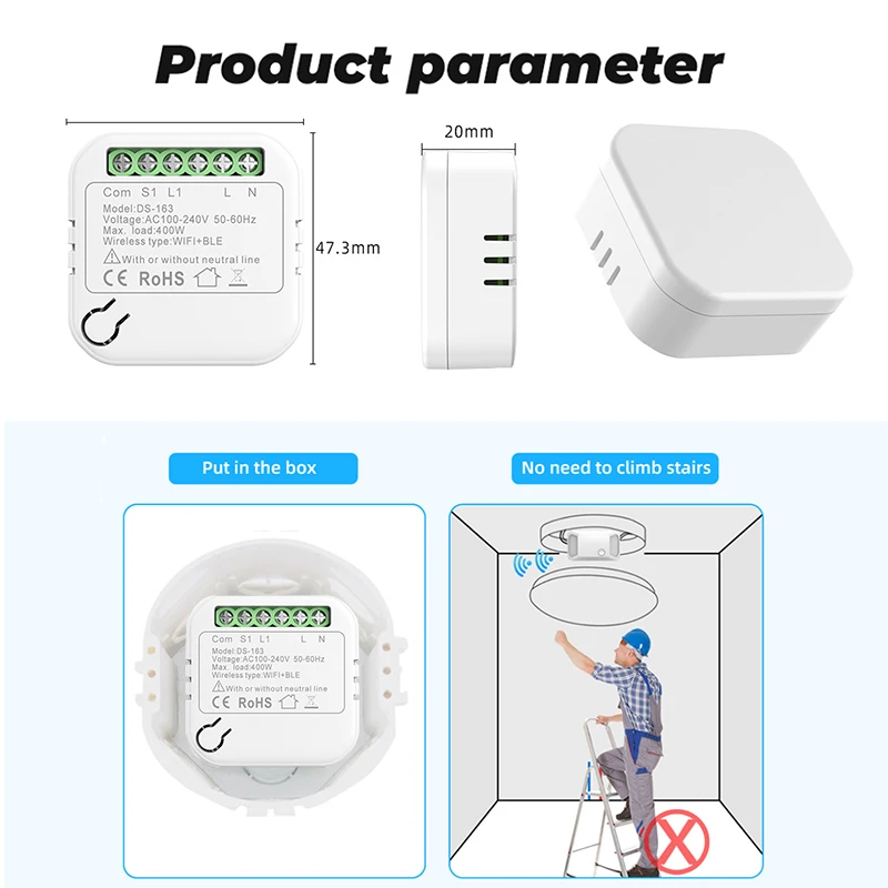 WIFI Light Mini Switch Moudle No Neutral Wire Relay Supports 2 Way Control Tuya Smart Life Timer Switch 220V Google Home Alexa