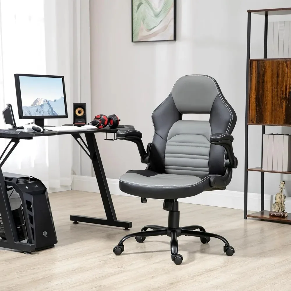 Silla de juegos de cuero PU con reposabrazos abatible hacia arriba, silla de computadora de estilo de carreras, silla de oficina en casa ajustable en altura con giratorio