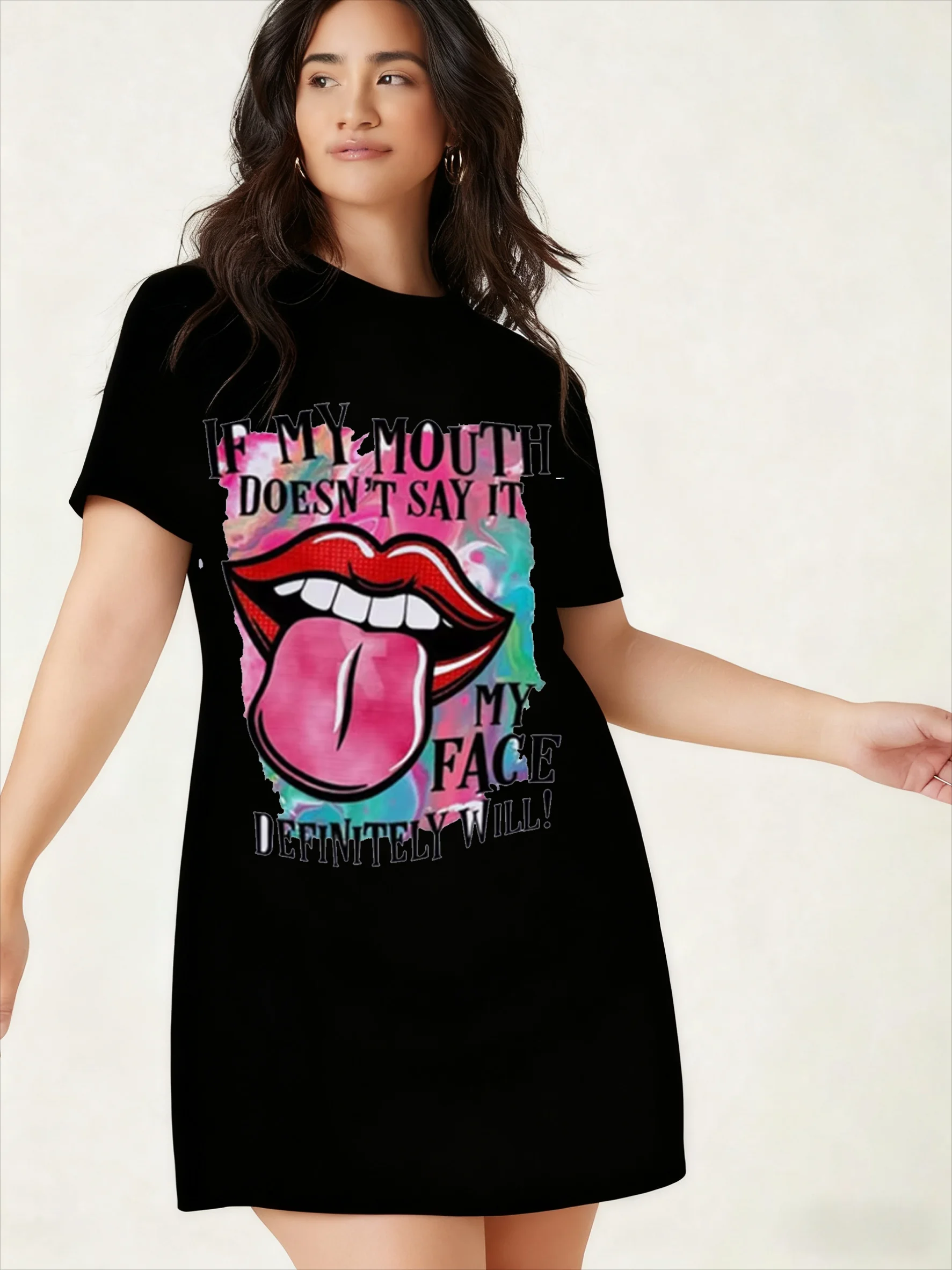 

2025 Women's Extended T-shirt, Printed Knee Length Skirt, Loose Knee Length Skirt, Women's Round Neck Short Sleeved Home Decor