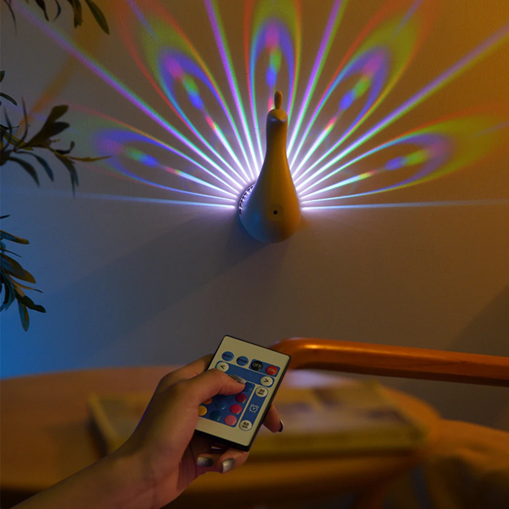Lampada da proiezione a LED con pavone, telecomando, luce notturna, comodino, atmosfera colorata, lampada da comodino a parete per la casa