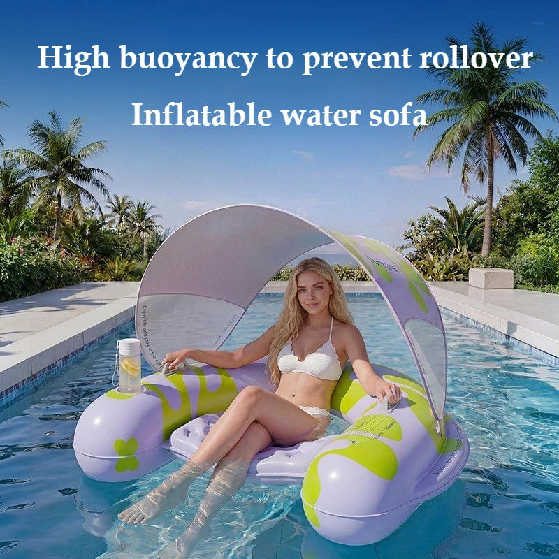 Detachable Sunshade Inflatable Pool Floating Lounger UV Protection Water Sofa Recliner with Cup Holder for Summer Beach Outdoor