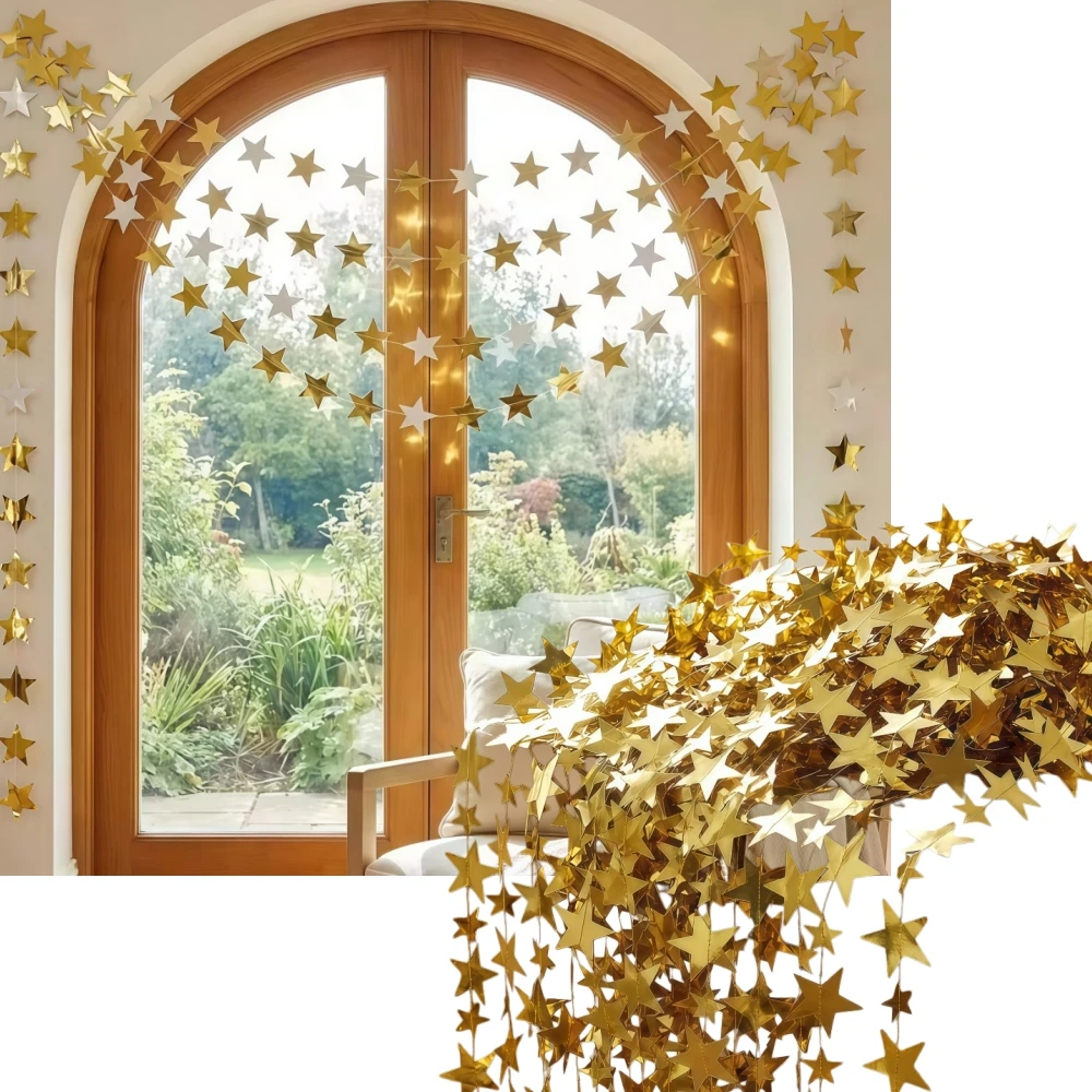 1 Stück 4 m x 7 cm glänzende Stern-Papiergirlande, Banner in Gold und Silber, Wimpelkette für Raumdekoration, Hochzeitsdekoration zum Aufhängen – Detail 1