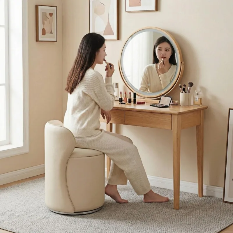 Solid Wood Vanity Stool Bedroom Genuine Leather Soft Vanity Stool Padding Rotating Home Furniture Taburete De Maquillage ZY40HZD