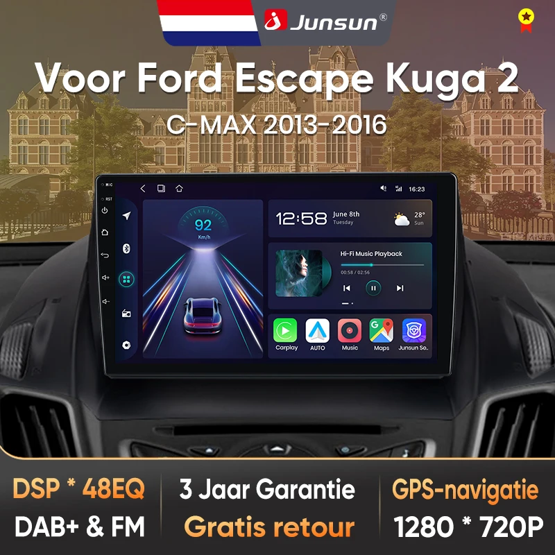 Junsun für Ford Escape Kuga 2 C-MAX 2013-2016 9 Zoll 4GB 64GB Android 13 Autoradio GPS Navigation Carplay DSP Bluetooth FM Lenkradbedienung Unterstützung USB AUX Eingang Rückfahrkamera Bereit 1080P