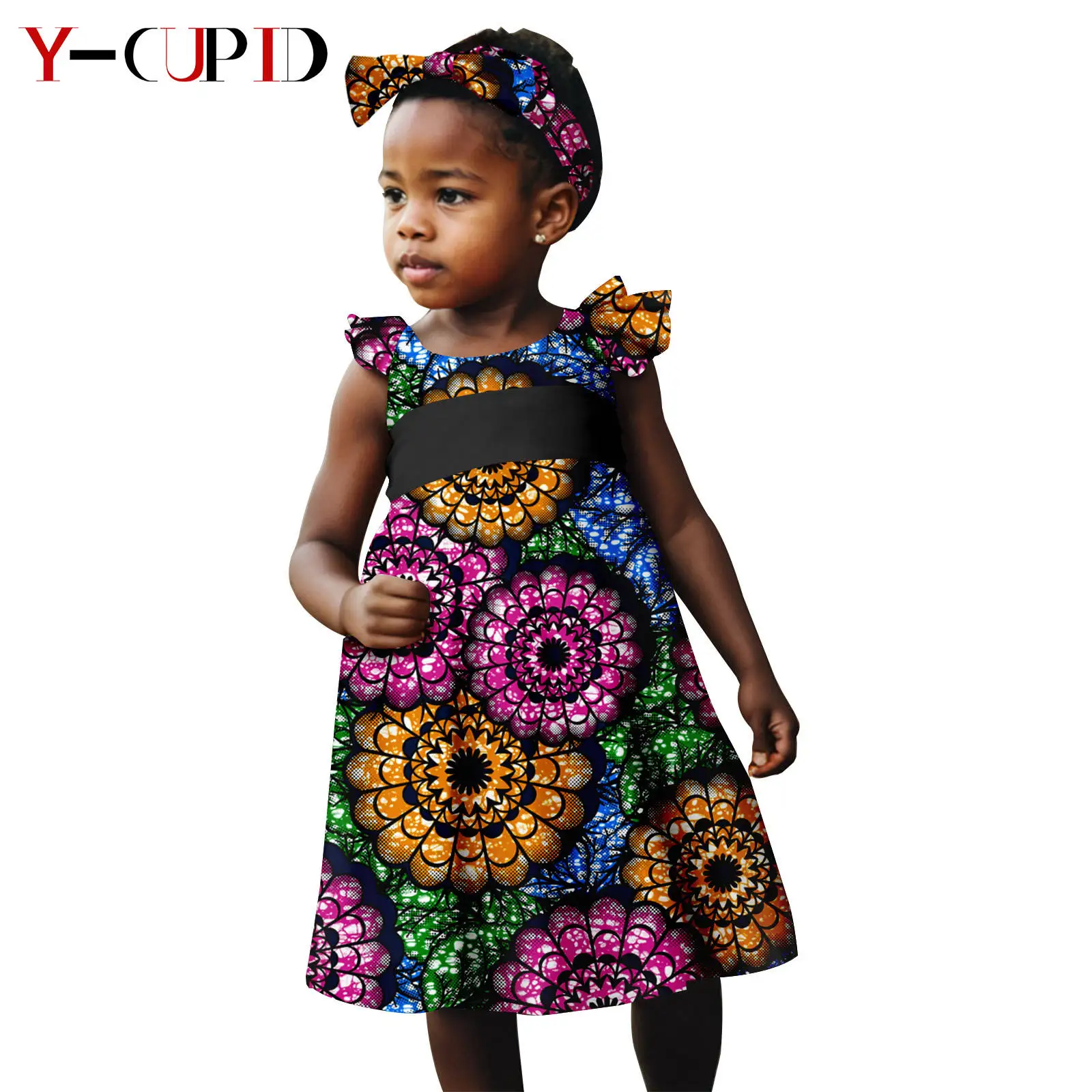 Afrika Kleding Dashiki Meisjes Ankara Print A-Lijn Jurken Met Hoofdband Hoofddoek Bazin Riche Kinderen Outfits Y234027