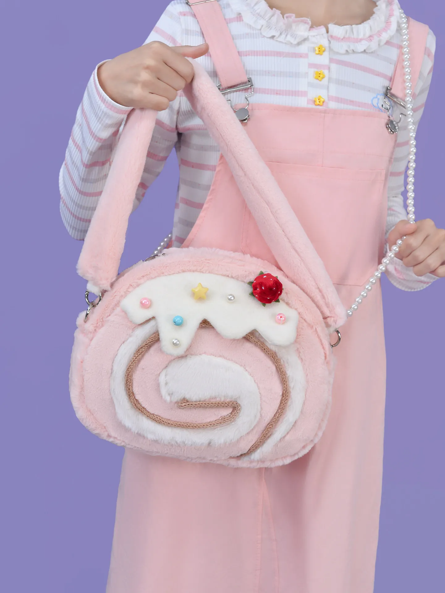 Kawaii Swiss Roll Cake Plush Crossbody Bag Strawberry Candy Decor Large Capacity Lolita Shoulder Purse For Girls Cosplay