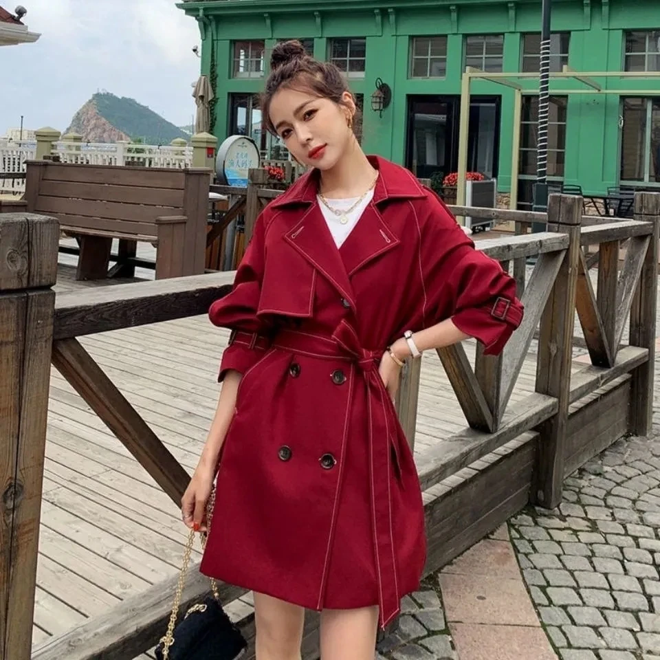 

Red Trench Coat Women's Mid-length Windbreaker Spring Autumn Hepburn Women Jacket 2024 New Double Breasted Basic Coat Short Coat