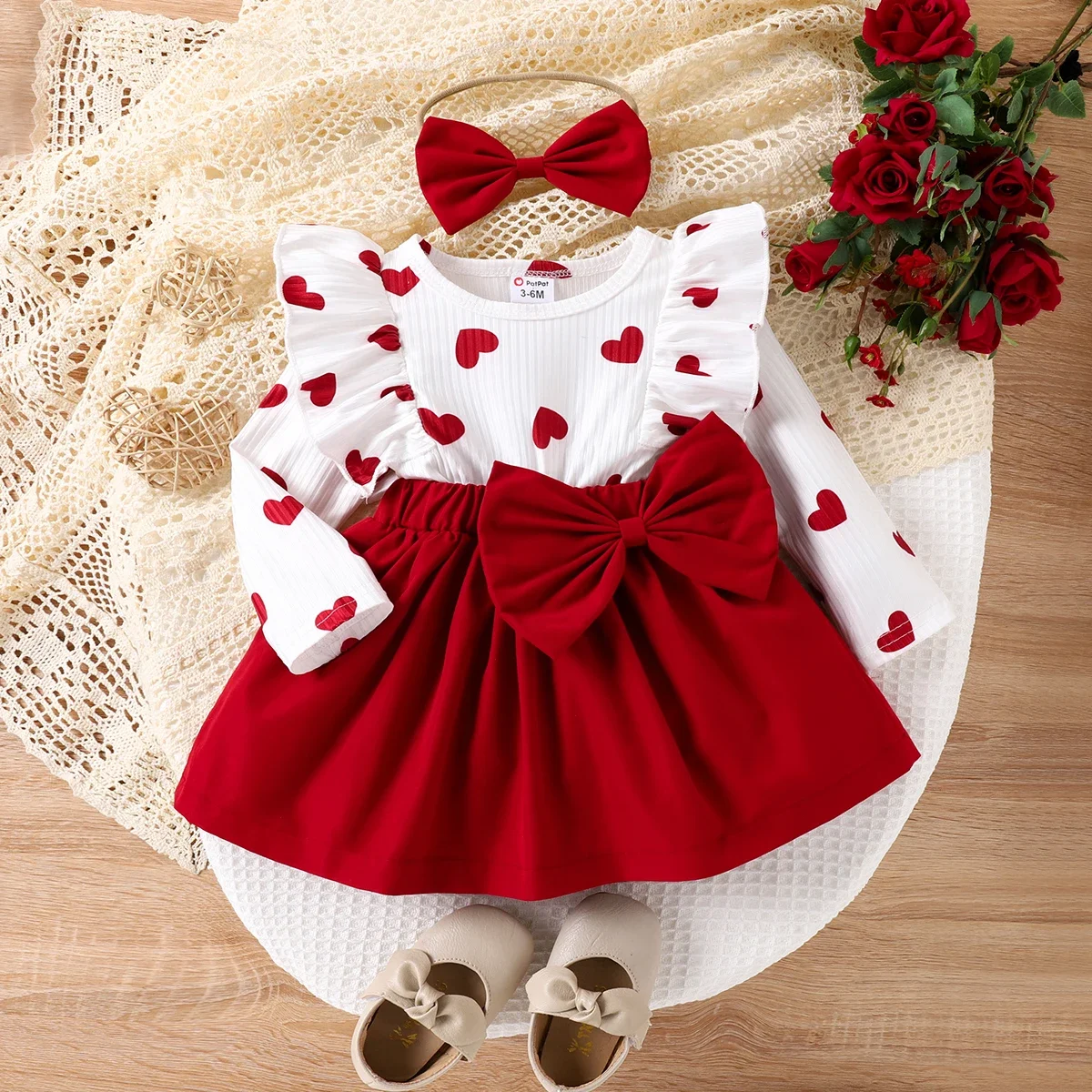 PatPat 2pcs Baby Girl Heart-shaped Dress Set Soft and Comfortable  Perfect for Outings and Daily Wear Basic Style