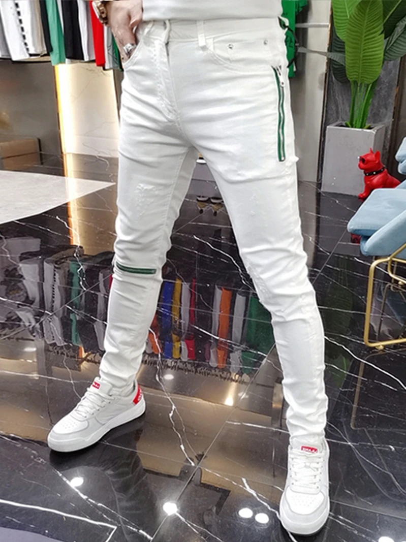 

Summer 2026 Men's White Jeans Knee Zipper Hole Trendy Brand Versatile Slim Fit Small Footed Pants Youth Casual Washed Denim