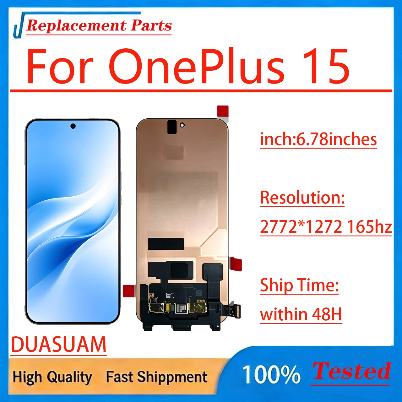 Original BOE LTPO Screen For OnePlus 15, 6.78 Inch, 165Hz High Refresh Rate, Support Fingerprint Unlock, Repair Replacement Part