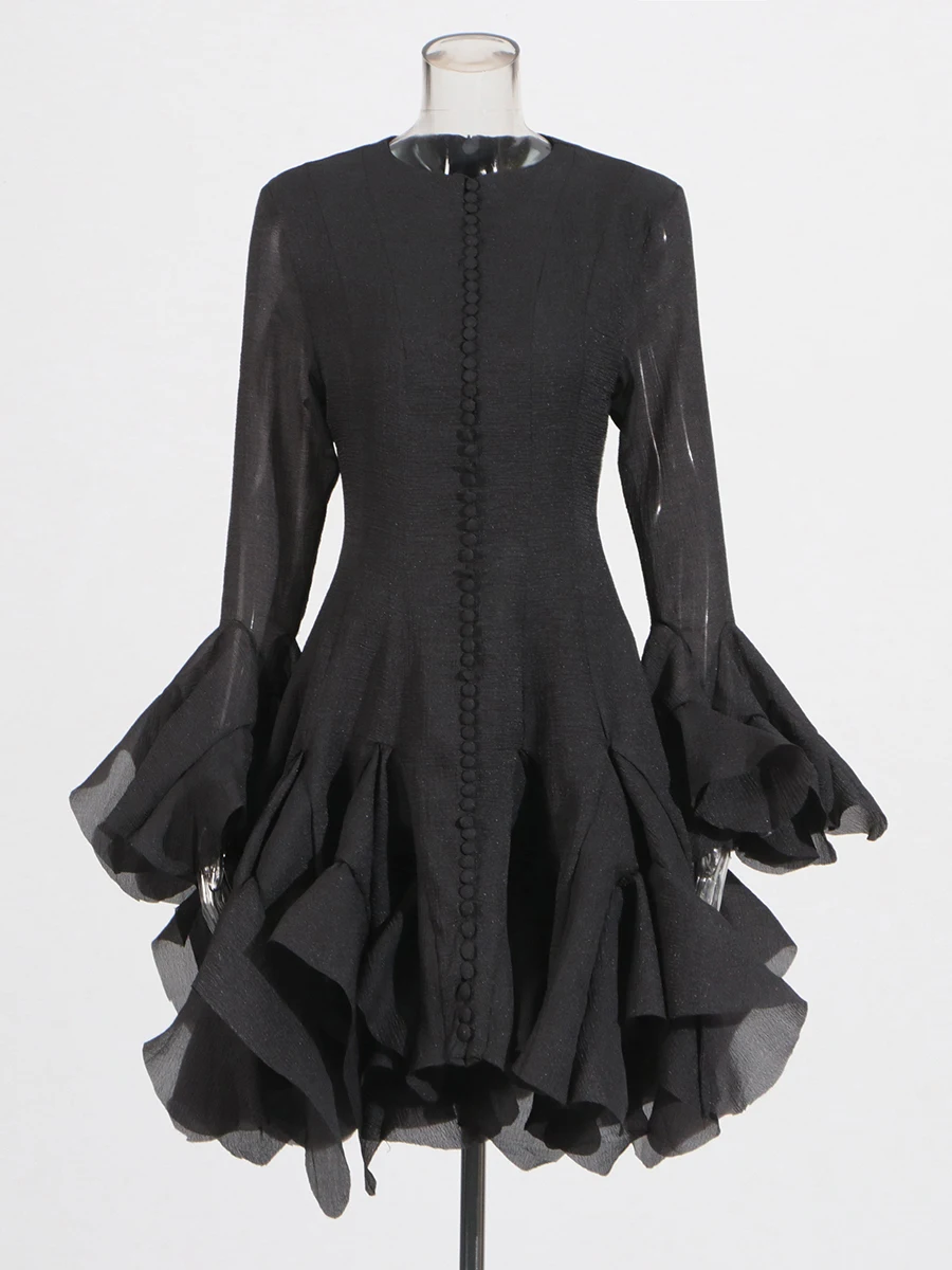 TWOTWINSTYLE Solid Spliced Button Slimming Dresses For Women O Neck Long Sleeve High Waist Patchwork Ruffles Female Fashion New image 5
