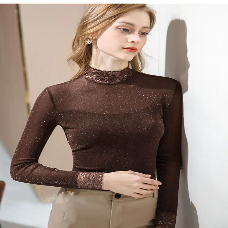 Blusa de renda emendada feminina, seda brilhante, pulôveres elegantes, camisas de senhora do escritório, roupas da moda, outono, inverno, 2023