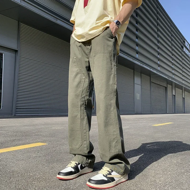 

Мужские повседневные однотонные брюки-карго с обычными карманами на пуговицах, брюки длиной до пола, прямые брюки с высокой талией, осень-зима, новинка 2023 г.