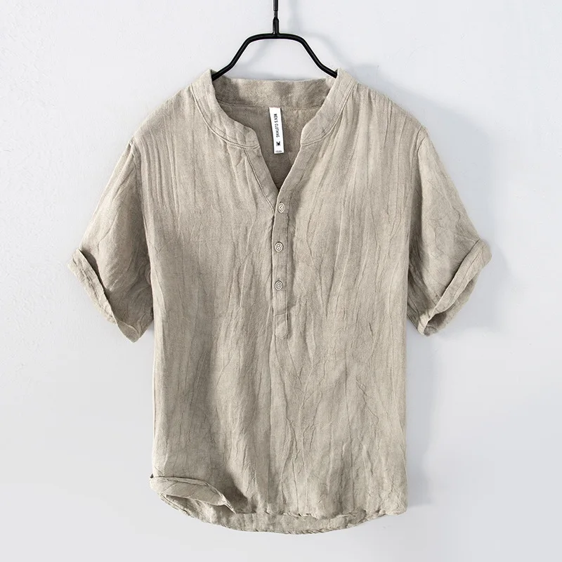Blouse men 2026 casual New summer solid-color cotton linen short-sleeved loose button v neck shirt men's clothing