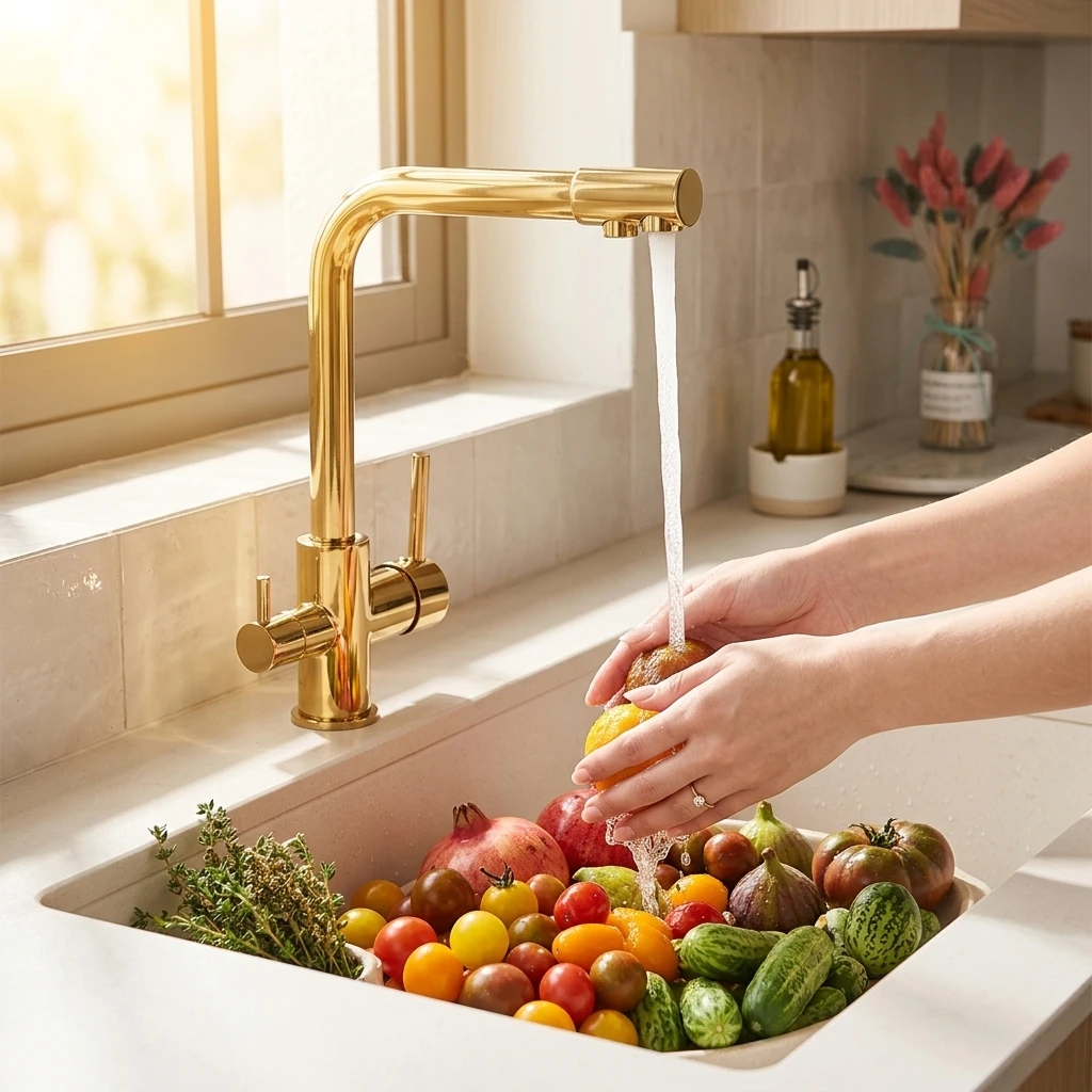 Filter Kitchen Faucet Chrome Drinking Pure Water Kitchen Tap Deck Mounted Dual Handles 3-Ways Hot and Cold Water Mixer