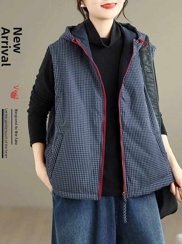 Korean Style Double-Sided Wear Plaid Hooded Vest Women's Autumn Winter Cotton Filled Warmth Outerwear City Walk Travel
