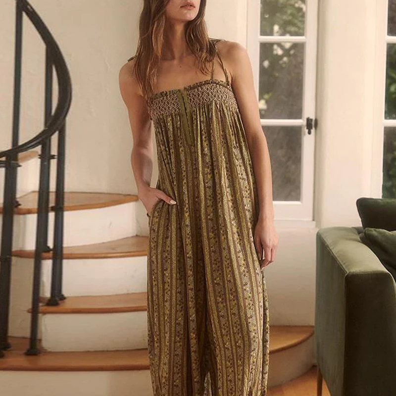 Fashion Print Off Shoulder Loose Jumpsuit Women Vintage Backless Hollow Long Pants Playsuit Ethnic Style Camisole Summer Romper