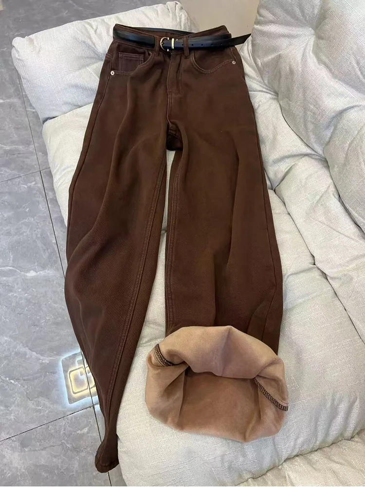 

Зимние толстые винтажные женские джинсы с высокой талией, теплые свободные широкие брюки Y2K, уличная одежда, универсальные прямые джинсовые брюки