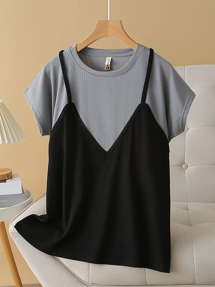 Color Block Loose Short Sleeve T-Shirt Fake Two-Piece Top for plus Size Women Summer Fashion Casual Korean Style Cover Belly