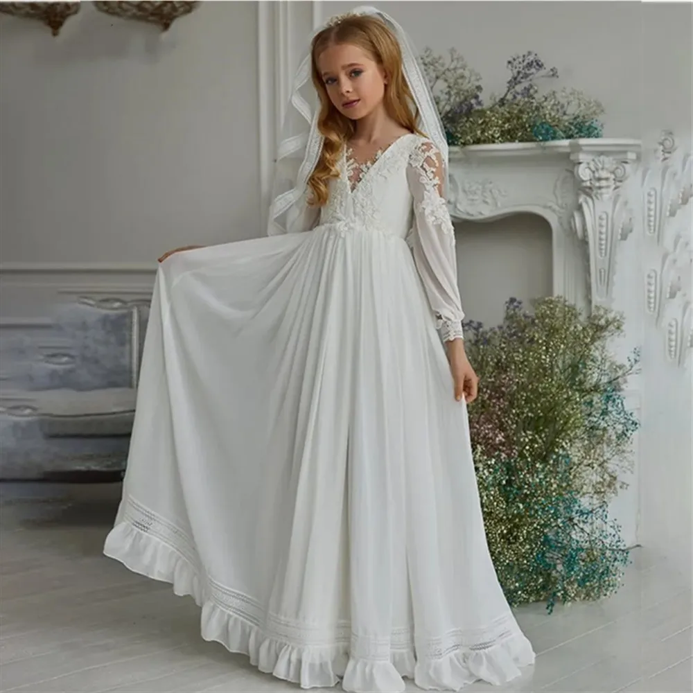 

Elegant Flower Girl Dress for Wedding Bohemian White Long Sleeve A Line Dress Child Birthday Party Dress First Communion Gown