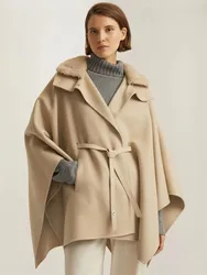 Women's Fashion Rabbit Fur Collar Cashmere Cloak Coat, Jacket with Sheepskin Belt, Capes Outerwear, L * P, New