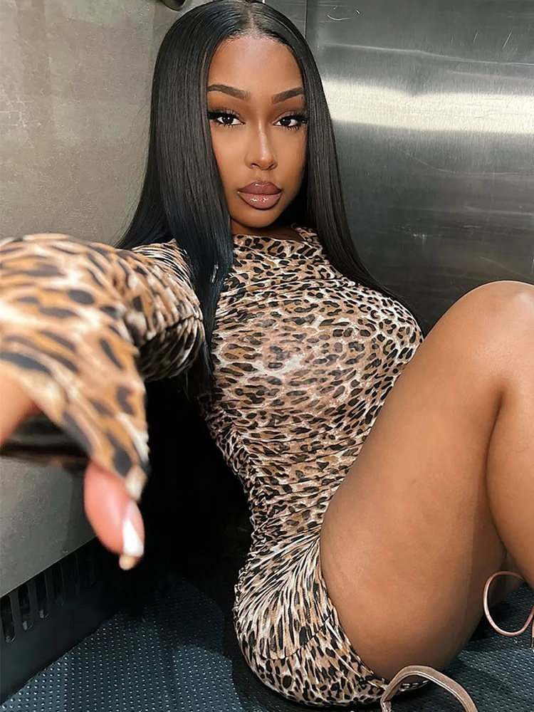 

Macheda Hottie Leopard Print Playsuits Woman Autumn Trend o-Neck Full Sleeve Skinny Wrap Hip Street Wild Style Classic Rompers