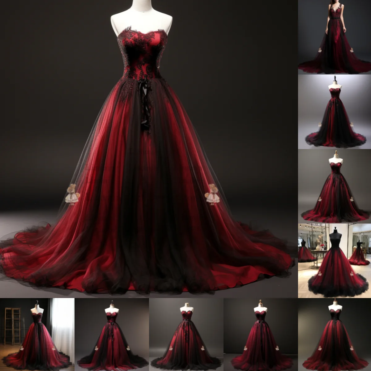 Wine Red and Black Lace Applique Tulle Sweetheart Ball Gown Floor Length Evening Formal Party Prom Dress Made Customized W2-5