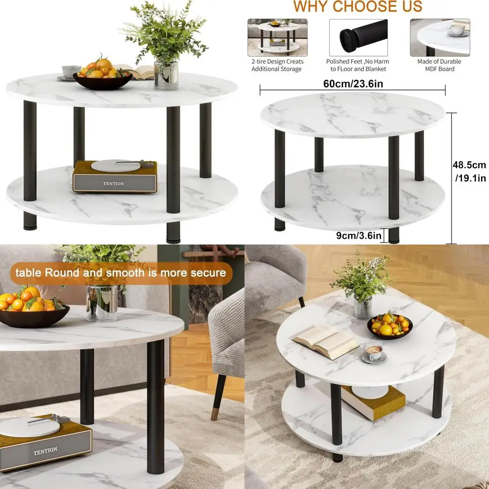 

23.6 Two-Tier Round Coffee Table with Storage, Metal Edge Accent Table for Living Room or Office, White