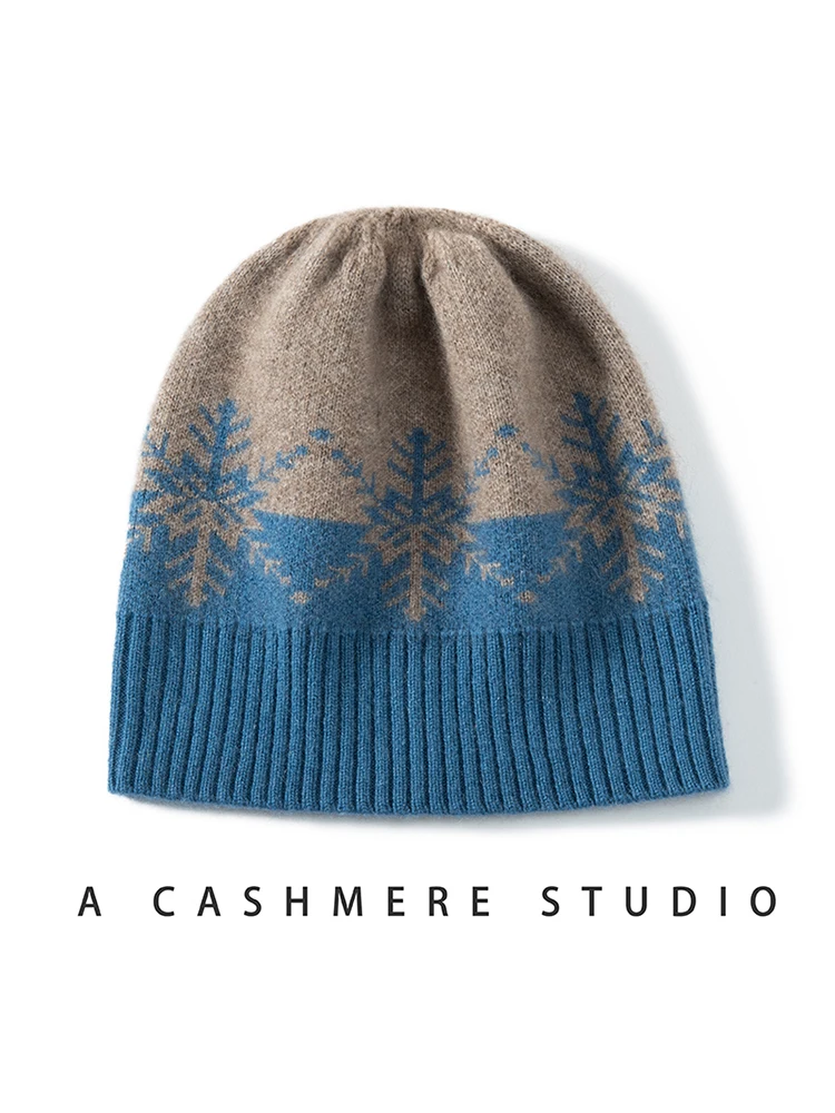 

Wholesale Wool Cashmere Jacquard Knitted Beanies Women Snowflake Cap Christmas Present Hat Men Winter Thick Cashmere Warm Bonnet