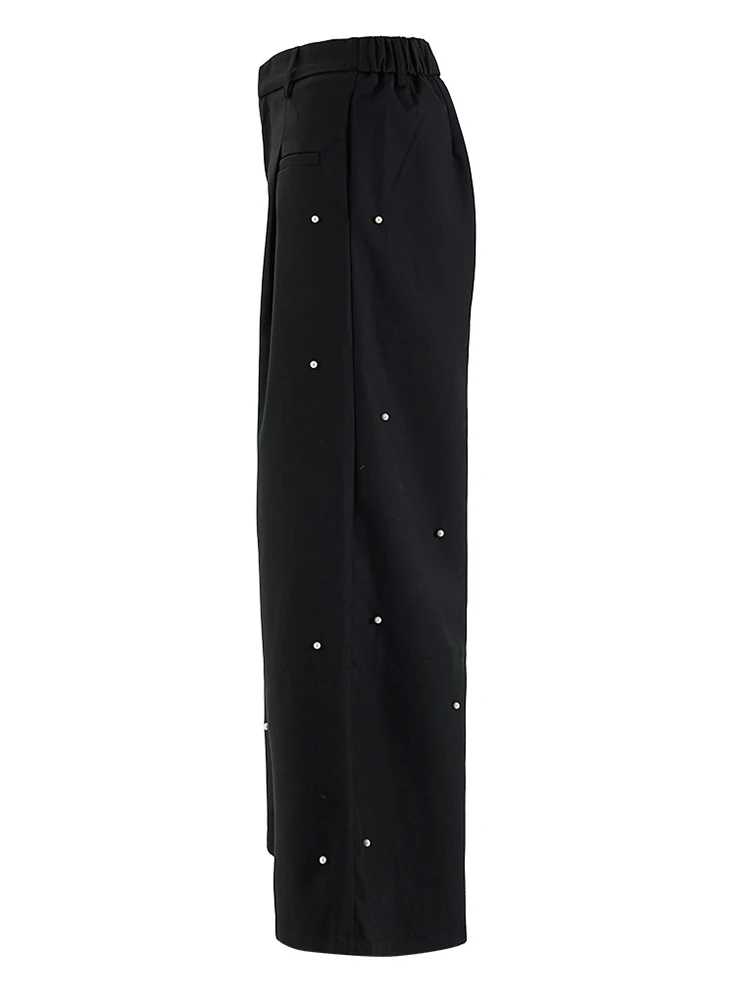 [EAM] High Elastic Waist Black Pearl Nailed Long Wide Leg Pants New Trousers Women Fashion Tide Spring Autumn 2024 CPG2271