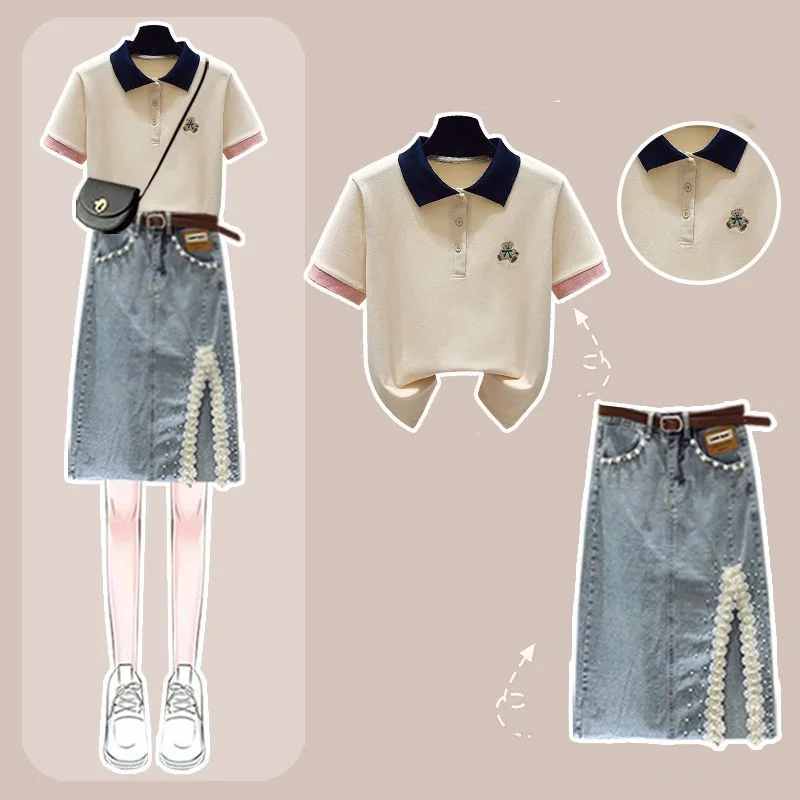 Summer Fashion Age Reducing Outfits 2023 New Skin Covering Slim Polo Neck Short Sleeve Denim Skirt Two Piece Set Fashion
