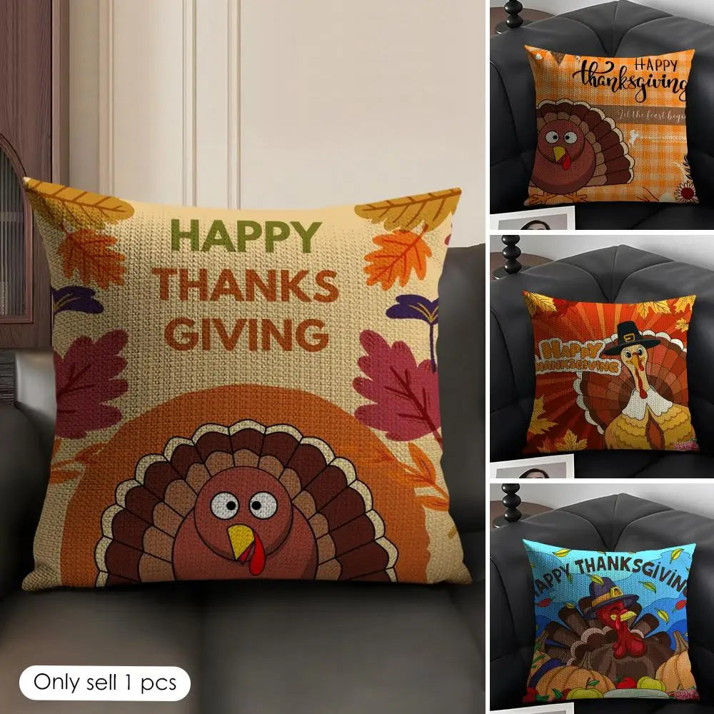 Thankful Festival Turkey Cushion Cover Breathable Linen Organic Fabric Double-Sided Printing Sofa Pillow Case Home Decor