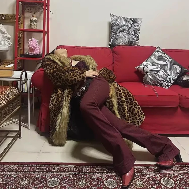 Leopard Long Faux Fur Coat for Women Warm Thick Autumn Winter Jacket Large Size Overcoat with Turn down Collar Maxi Outerwear
