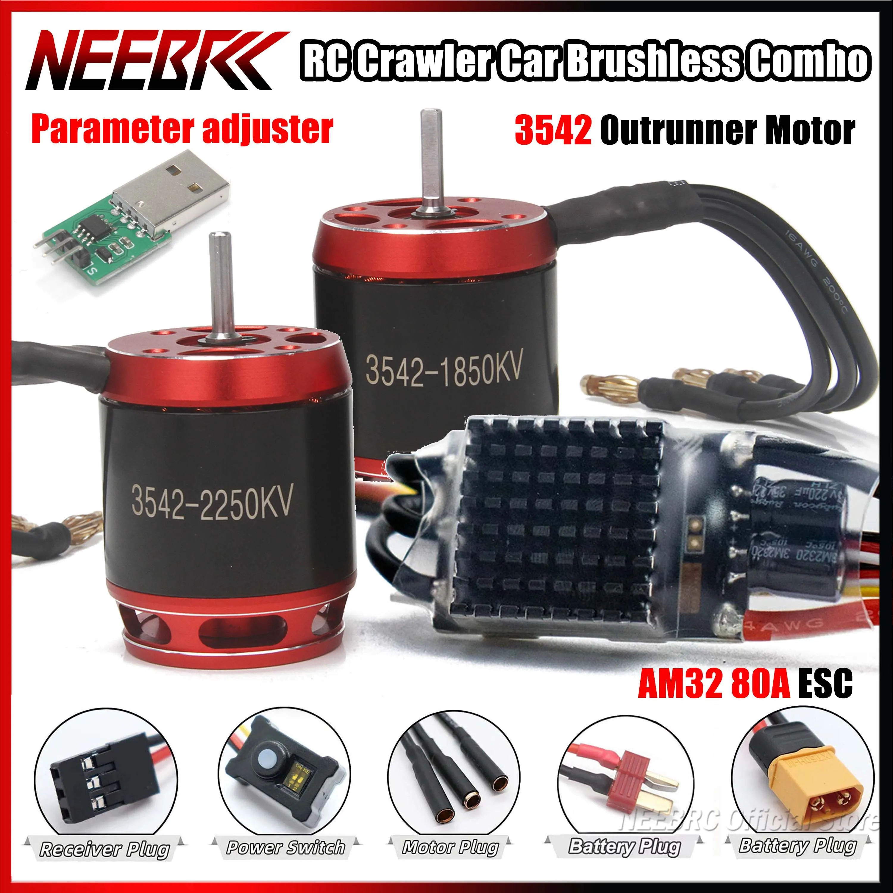 NEEBRC AM32 RC Crawler Car Brushless Combo 80A ESC BEC Programming 3542 Outrunner Motor Adjuster for Axial Traxxas SCX10 TRX4