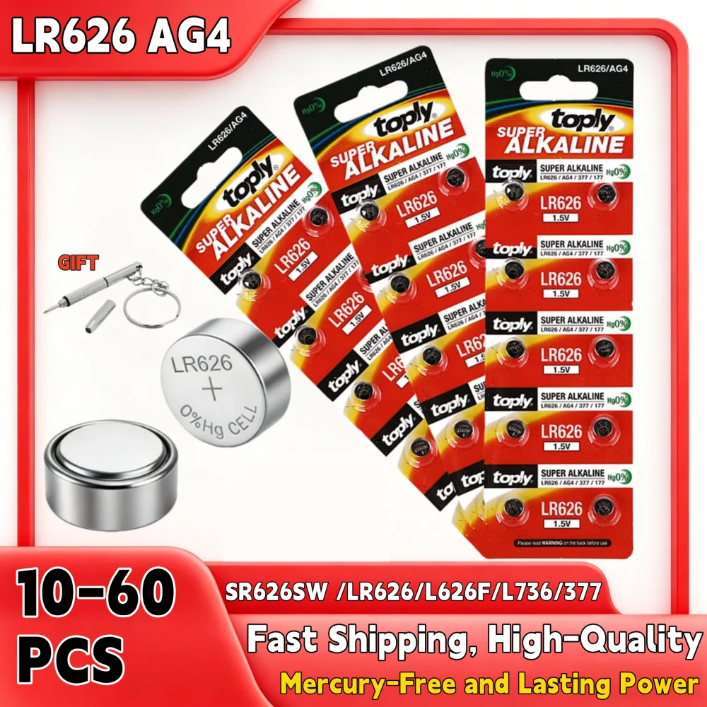 10-60PC LR626 AG4 1.5V Alkaline Button Battery Coin Cell Batteries SR626SW 377A V377 for Watch Calculator Toy Remote Electronics