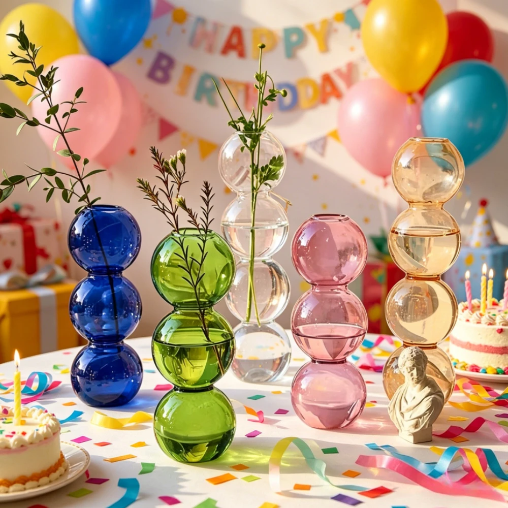 

Modern Triple Ball Shaped Glass Vase, Colorful Stacked Bubble Glass Flower Vase, Unique Decorative Vase for Fresh Dried Flowers