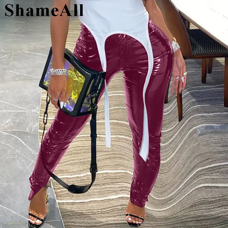 Plus Size Sexy Stretchy Skinny Hem Split Pu Leather Pencil Pants 4XL Zipper Patchwork Hipster Street Stacked Elastic Leggings