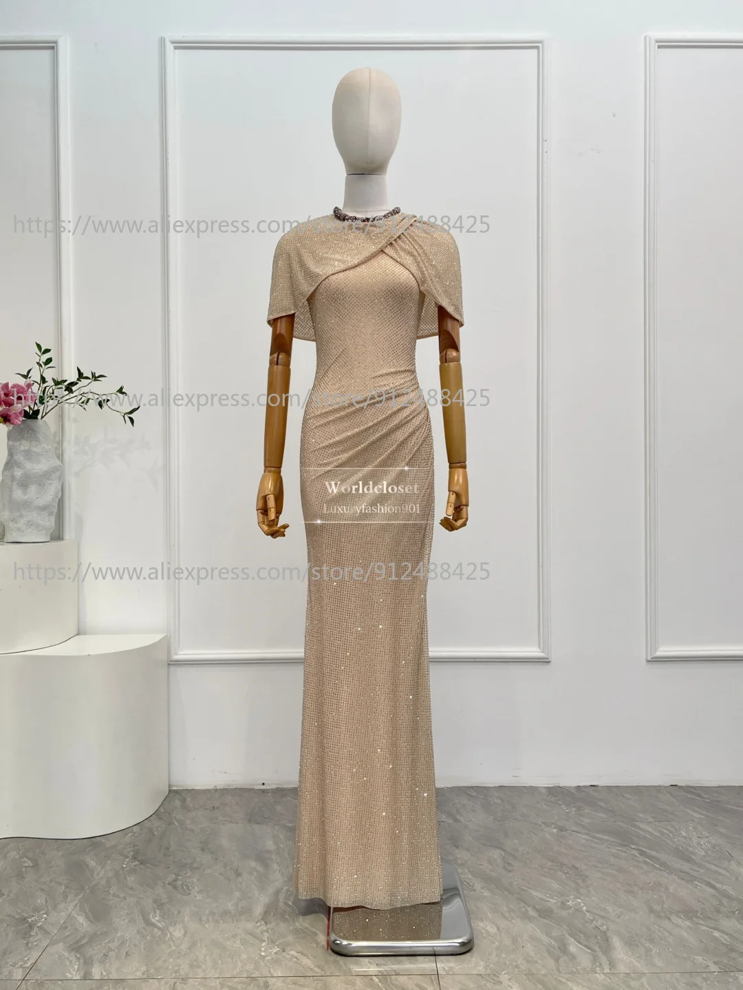 

2025 New Women's Champagne Diamonds Pressed Short Sleeve Cloak Maxi Evening Dress for Party
