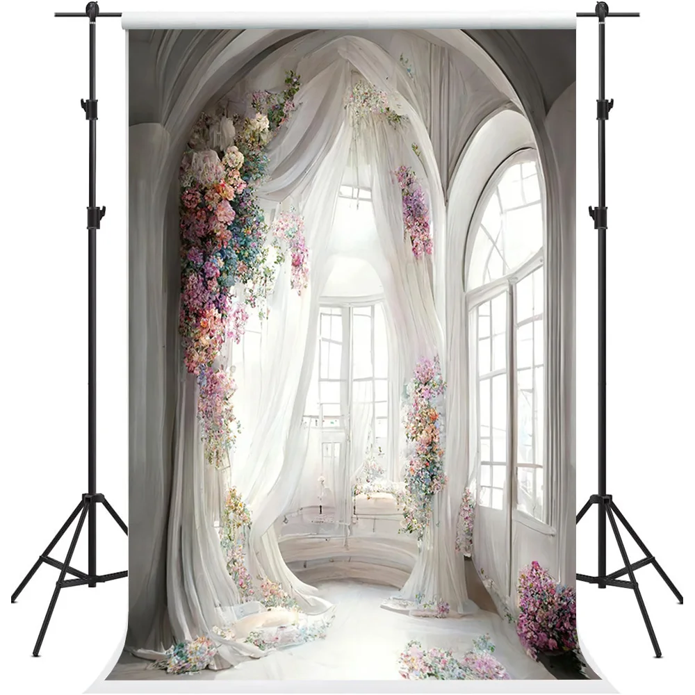 Mehofond Photography Background White Window Curtain Floral Pregnant Women Wedding Birthday Portrait Decor Photo Backdrop Studio